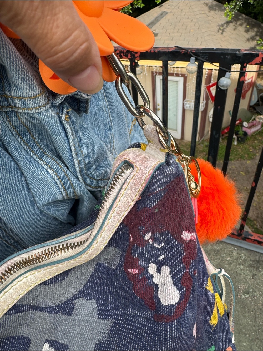 Dooney & Bourke Navy Floral Canvas Shoulder Bag with Orange Accents - Picture 3 of 6